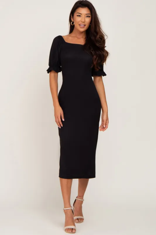 Black Ribbed Puff Sleeve Side Slit Midi Dress sold by Pinkblush