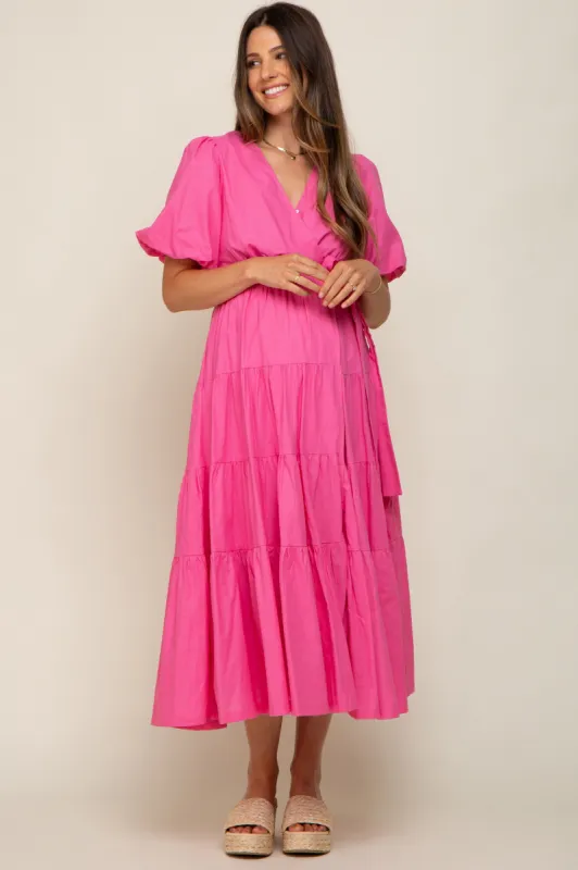 Pink Linen Wrap V-Neck Short Sleeve Tiered Maternity Midi Dress sold by Pinkblush