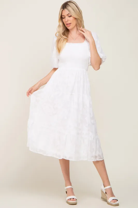 Ivory Floral Textured Tiered Midi Dress sold by Pinkblush