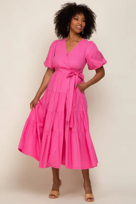 Pink Linen Wrap V-Neck Short Sleeve Tiered Midi Dress sold by Pinkblush