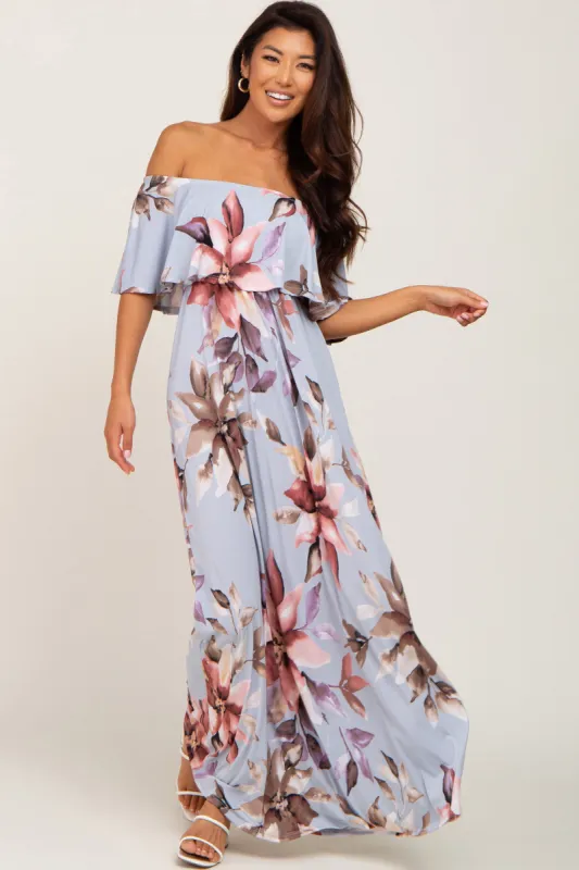 Light Blue Floral Off Shoulder Maxi Dress sold by Pinkblush