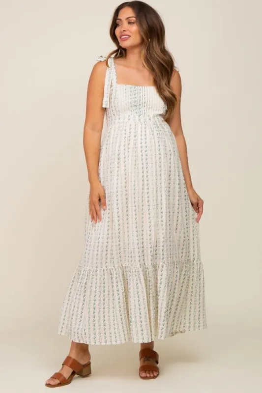 Blue Floral Pleated Shoulder Tie Maternity Midi Dress sold by Pinkblush