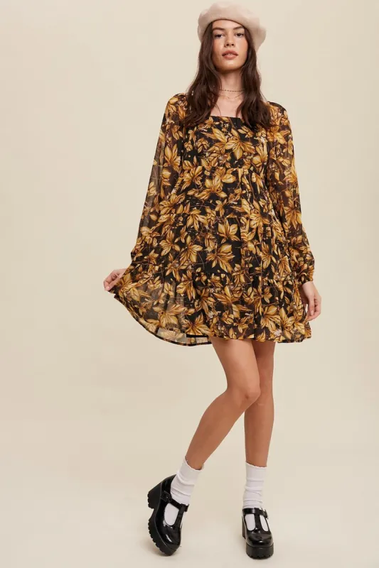 Mustard Leaf Print Square Neck Tiered Mini Dress made by Pinkblush