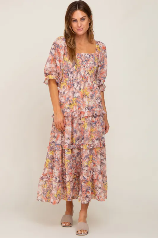 Taupe Floral Watercolor Print Tiered Midi Dress sold by Pinkblush