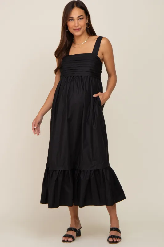 Black Pleated Back Tie Maternity Midi Dress sold by Pinkblush