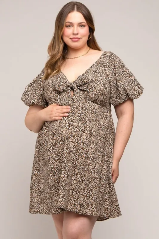 Cream Cheetah Print Knotted Puff Sleeve Plus Maternity Dress sold by Pinkblush