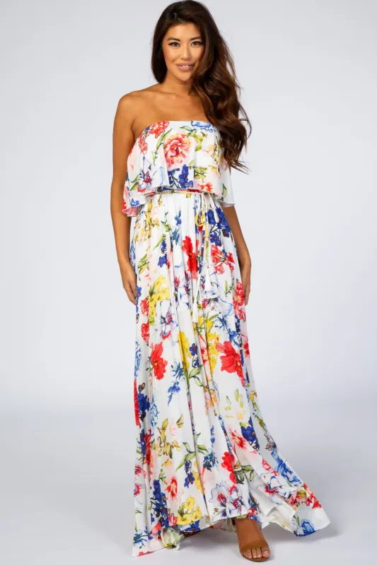 Ivory Floral Strapless Maxi Dress sold by Pinkblush