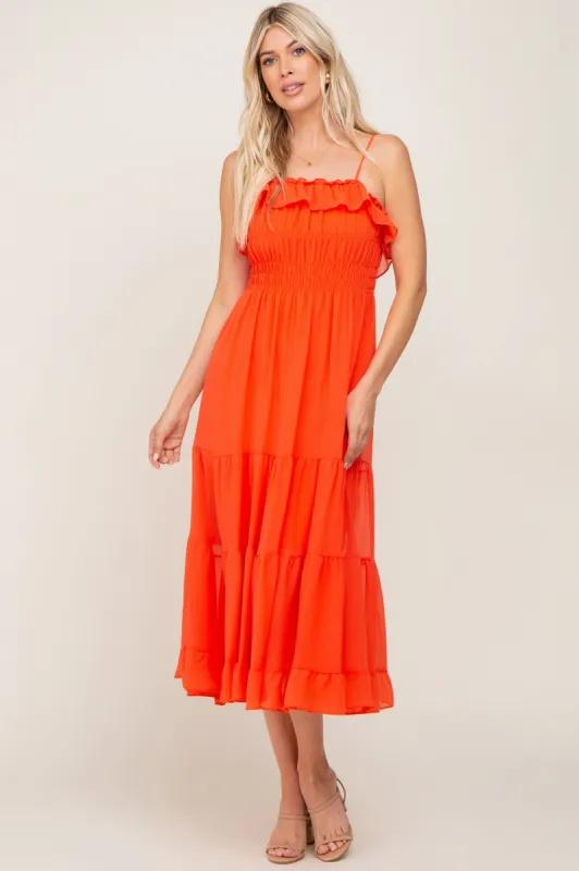 Orange Shirred Ruffle Midi Dress sold by Pinkblush