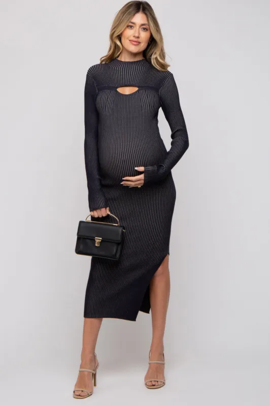 Black Ribbed Mock Neck Cutout Long Sleeve Maternity Midi Dress sold by Pinkblush