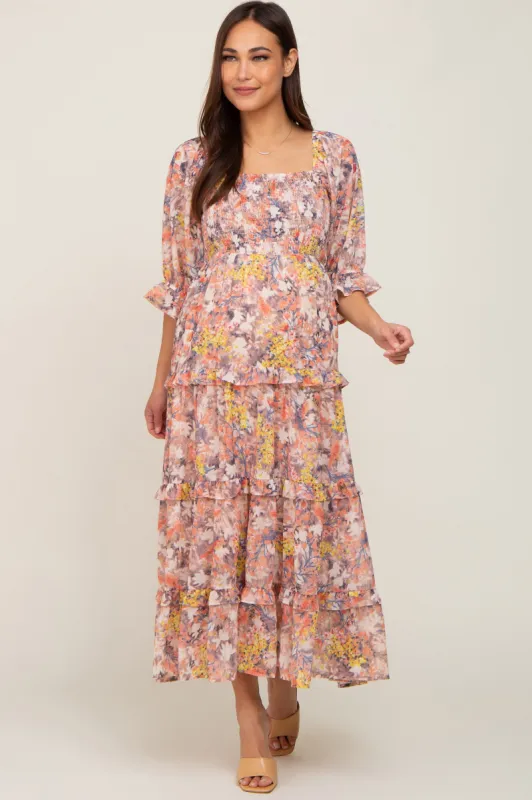 Taupe Floral Watercolor Print Tiered Maternity Midi Dress sold by Pinkblush