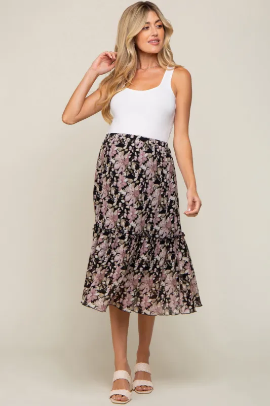 Black Floral Plisse Ruffle Accent Maternity Midi Skirt sold by Pinkblush