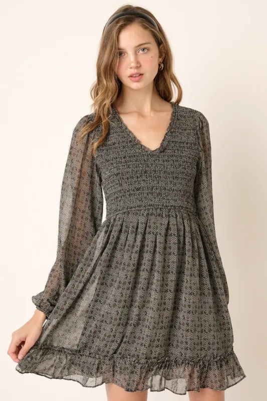 Black Geo Print V Neck Smocking Detail Mini Dress sold by Pinkblush