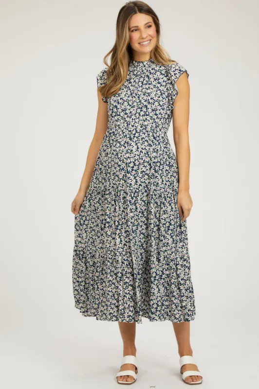 Navy Floral Ruffle Mock Neck Tiered Maternity Midi Dress sold by Pinkblush