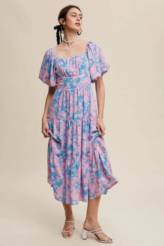 Blue Flower Print Puff Sleeve Tiered Maxi Dress sold by Pinkblush