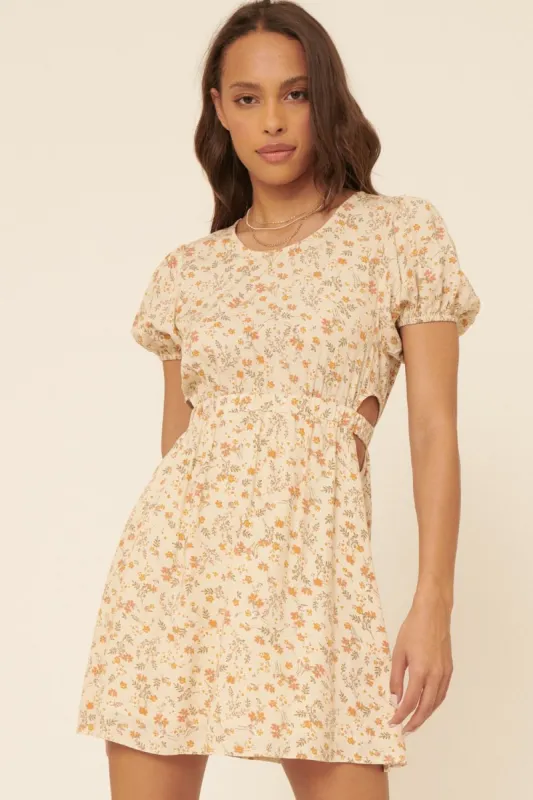 Vanilla Floral Round Neck Button Keyhole Back Mini Dress sold by Pinkblush
