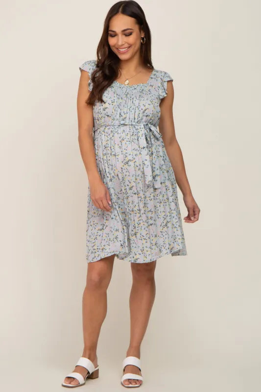 Light Blue Floral Flutter Sleeve Waist Tie Maternity Dress sold by Pinkblush