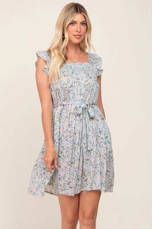 Light Blue Floral Flutter Sleeve Waist Tie Dress sold by Pinkblush