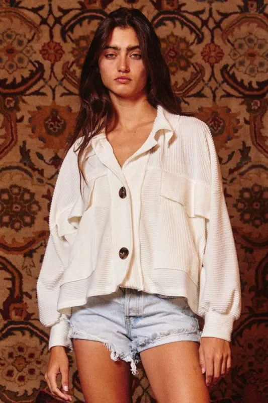 Ivory Soft Solid Rib Knit Cropped Shacket Top sold by Pinkblush