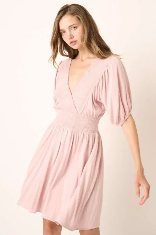 Pale Pink Smocking Detail Surplice Mini Dress sold by Pinkblush