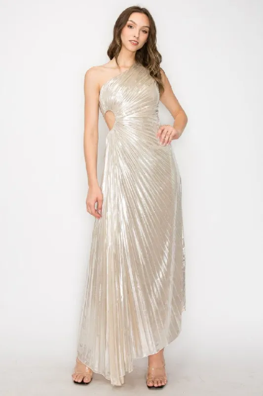 Champagne Pleated Evening Dress sold by Pinkblush
