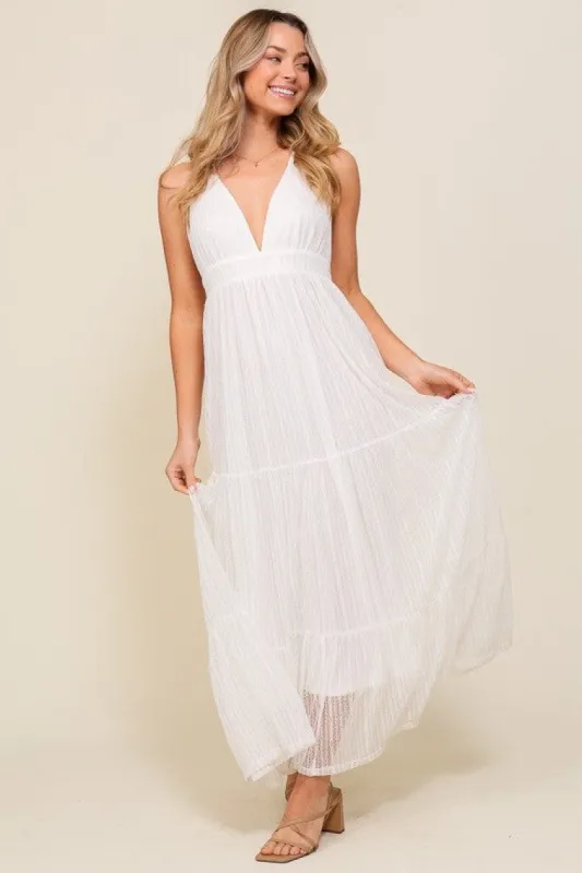 Off White Boho Halter Tiered Lace Maxi Lined Dress sold by Pinkblush