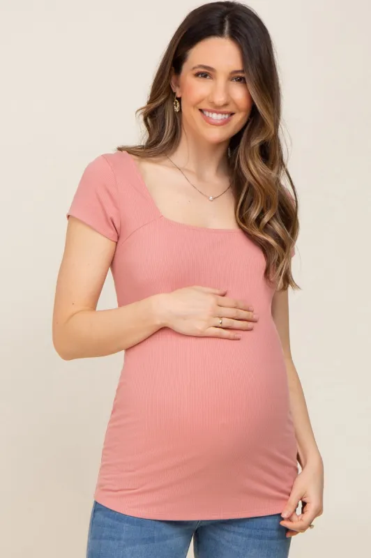 Salmon Ribbed Squared Neck Cap Sleeve Maternity Top sold by Pinkblush