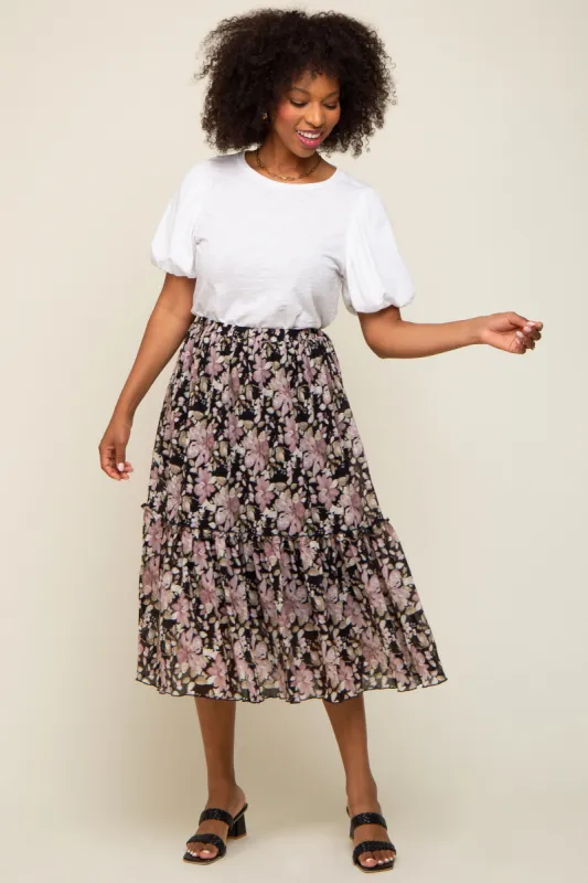 Black Floral Plisse Ruffle Accent Midi Skirt sold by Pinkblush