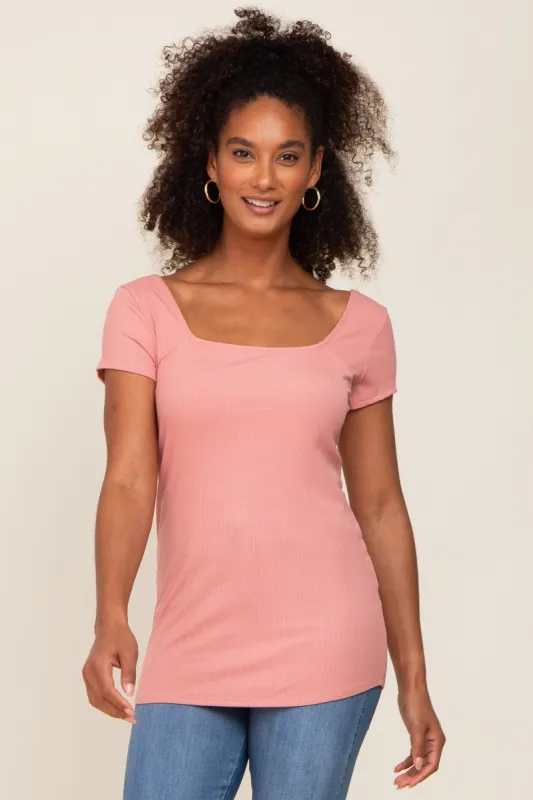 Salmon Ribbed Squared Neck Cap Sleeve Top sold by Pinkblush