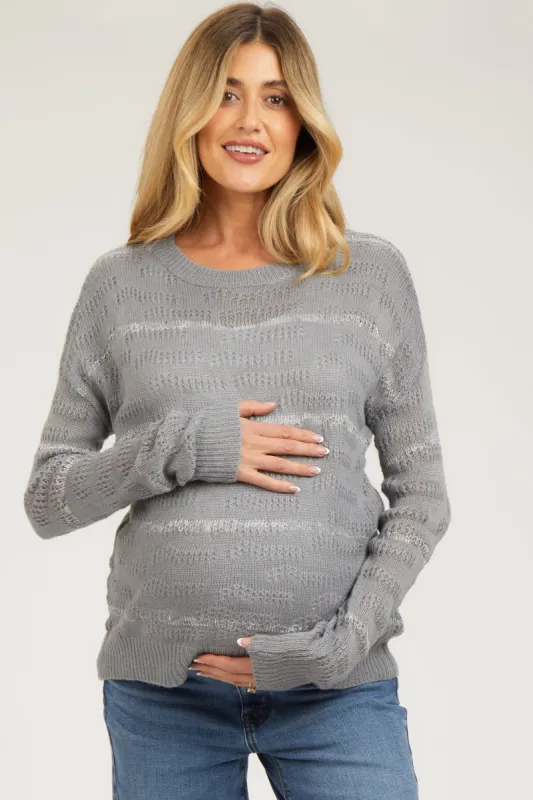Grey Striped Open Knit Maternity Top sold by Pinkblush