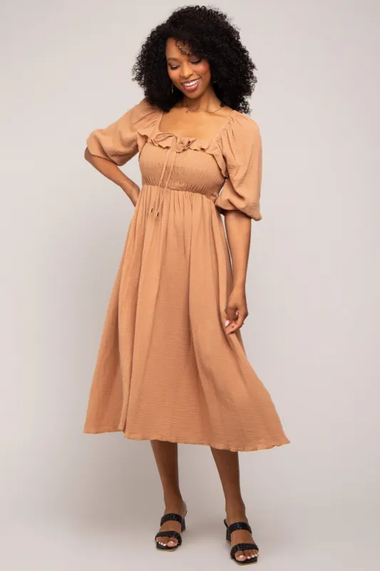 Taupe Gauze Smocked Midi Dress sold by Pinkblush