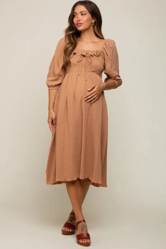 Taupe Gauze Smocked Maternity Midi Dress sold by Pinkblush