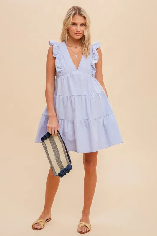 Baby Blue Ruffle Sleeve Tiered Poplin Dress sold by Pinkblush