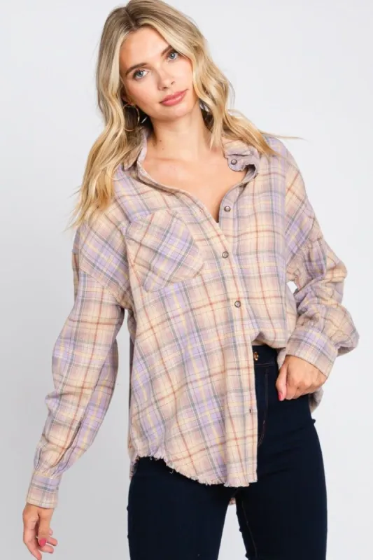 Lavender Plaid Button Up Raw Edge Flannel Top sold by Pinkblush