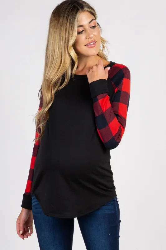 PinkBlush Red Solid Long Plaid Sleeve Maternity Top sold by Pinkblush
