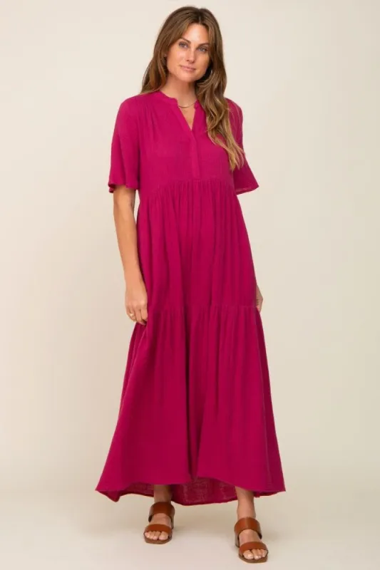 Magenta Gauze Split V-Neck Tiered Maxi Dress sold by Pinkblush