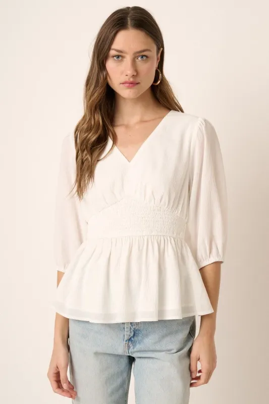 Ivory Smocking Detail Peplum Blouse sold by Pinkblush