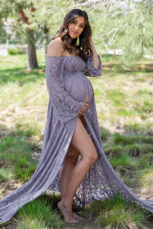 PinkBlush Lavender Lace Off Shoulder Maternity Photoshoot Gown/Dress sold by Pinkblush