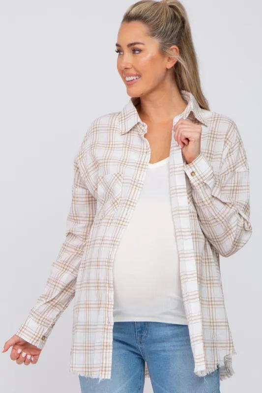 Beige Linen Plaid Button Down Maternity Top sold by Pinkblush