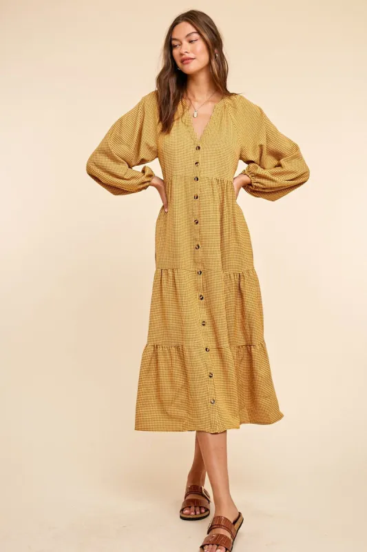 Yellow Gingham Print Button Down Midi Dress sold by Pinkblush