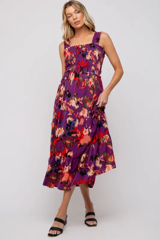 Plum Printed Smocked Maternity Midi Dress sold by Pinkblush
