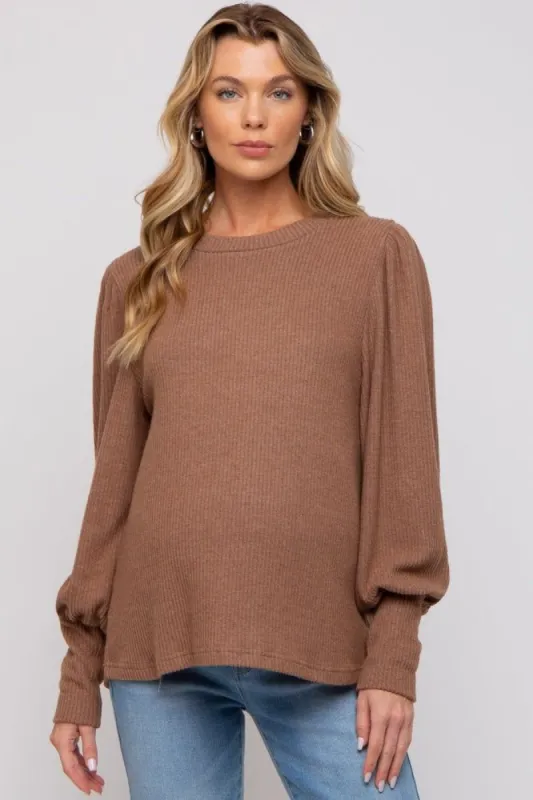 Camel Brushed Ribbed Long Sleeve Maternity Top sold by Pinkblush