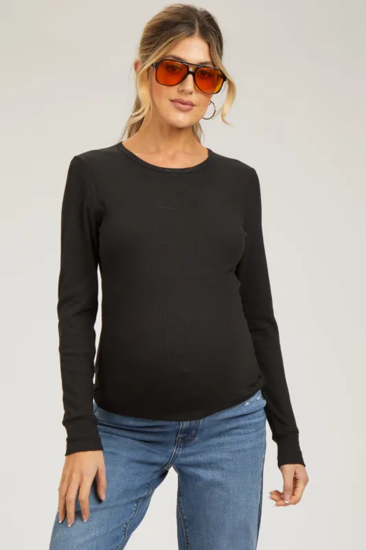 Black Waffle Knit Basic Long Sleeve Maternity Top sold by Pinkblush