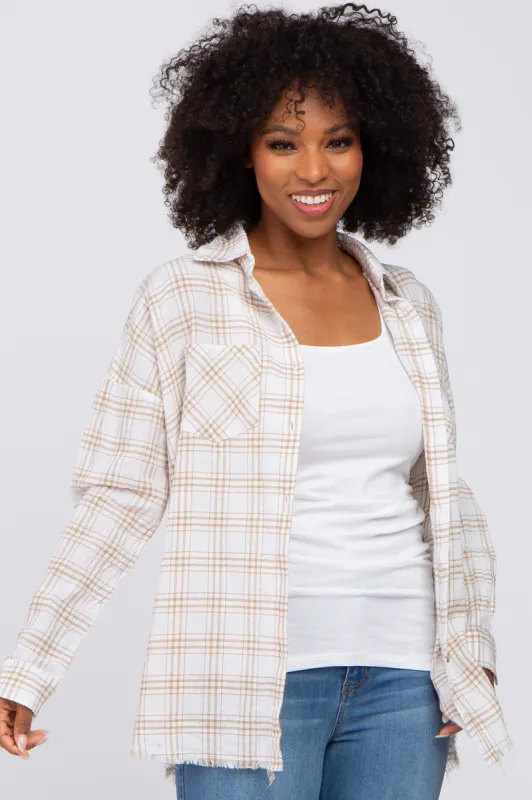 Beige Linen Plaid Button Down Top sold by Pinkblush