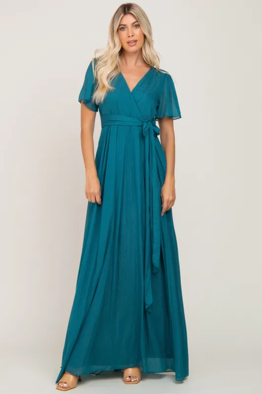 Teal Metallic Shimmer Chiffon Maxi Dress sold by Pinkblush
