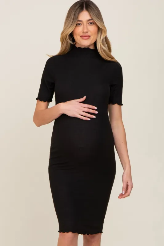 Black Ribbed Mock Neck Fitted Maternity Midi Dress sold by Pinkblush