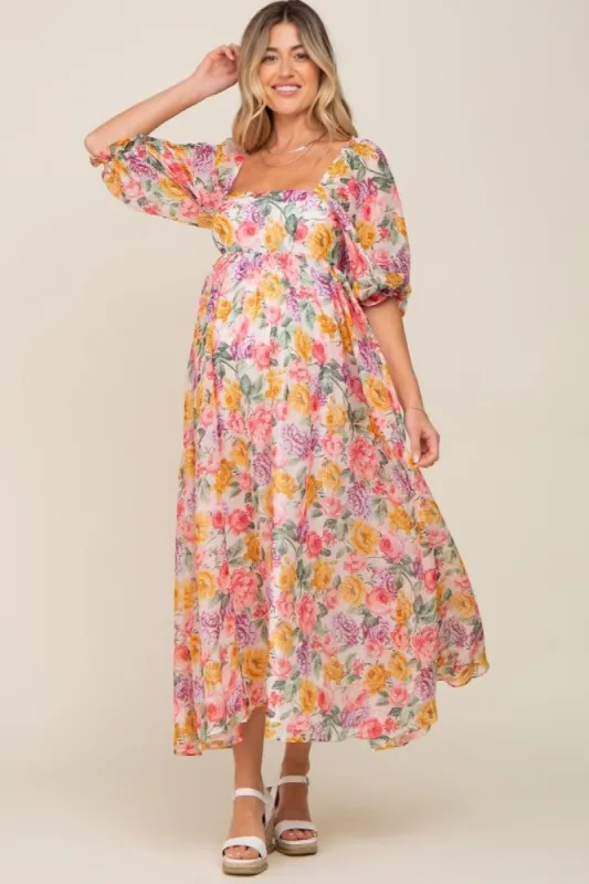 Pink Floral Shimmer Chiffon Square Neck 3/4 Sleeve Maternity Maxi Dress sold by Pinkblush