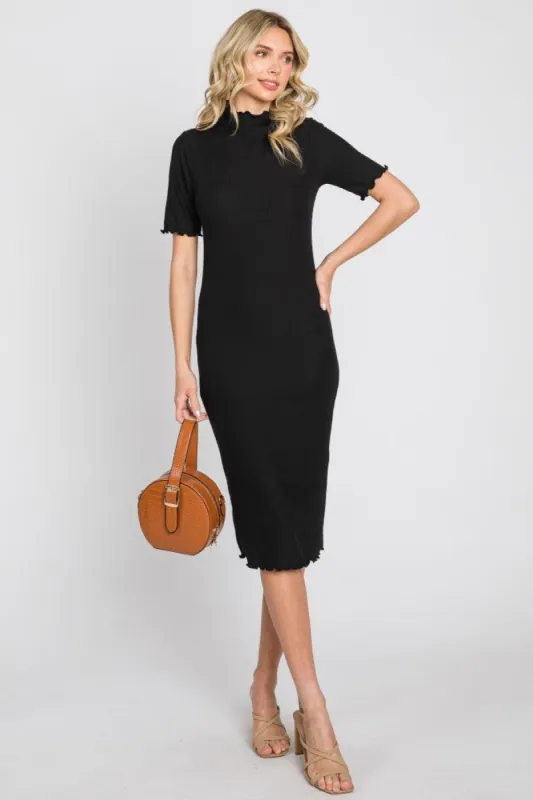 Black Ribbed Mock Neck Fitted Midi Dress sold by Pinkblush