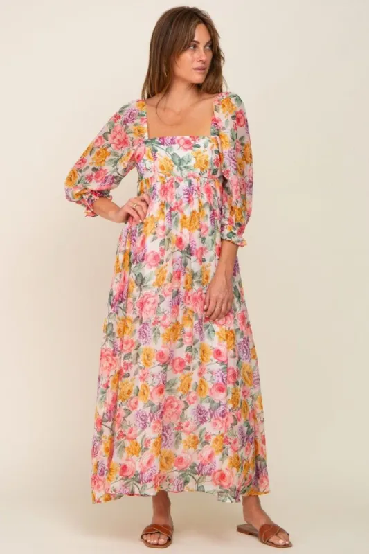 Pink Floral Shimmer Chiffon Square Neck 3/4 Sleeve Maxi Dress sold by Pinkblush
