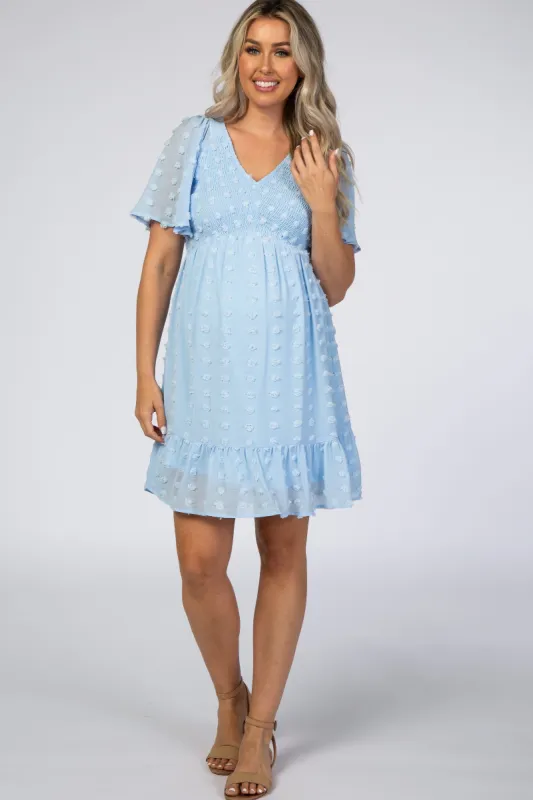 Light Blue Swiss Dot Smocked Maternity Dress sold by Pinkblush