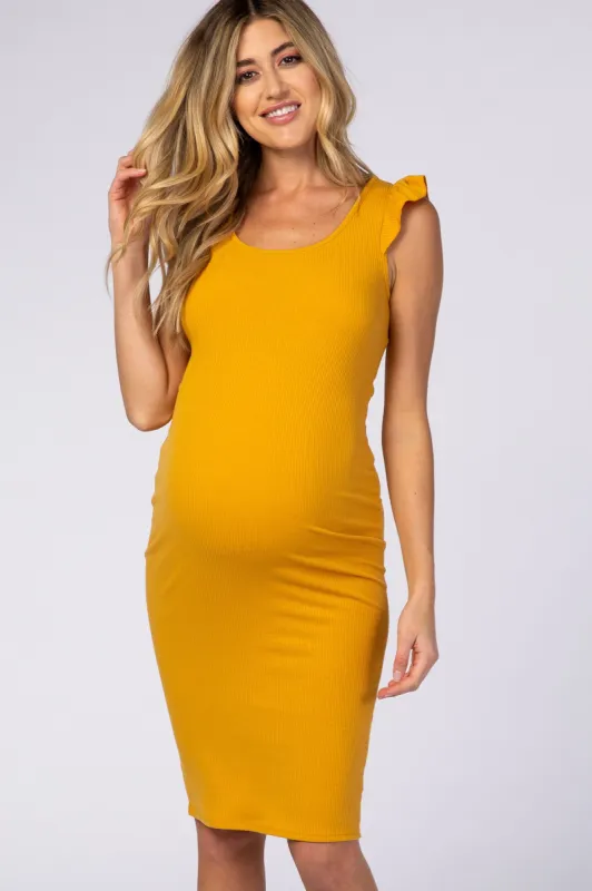 Mustard Flounce Sleeve Ribbed Maternity Dress sold by Pinkblush